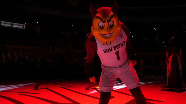 ASU Sun Devils mascot Sparky performs before they take on the Grambling State Tigers at Desert Financial Arena in Tempe on Nov. 11, 2022. Ncaa Womens Basketball Asu Women S Basketball Vs Grambling State